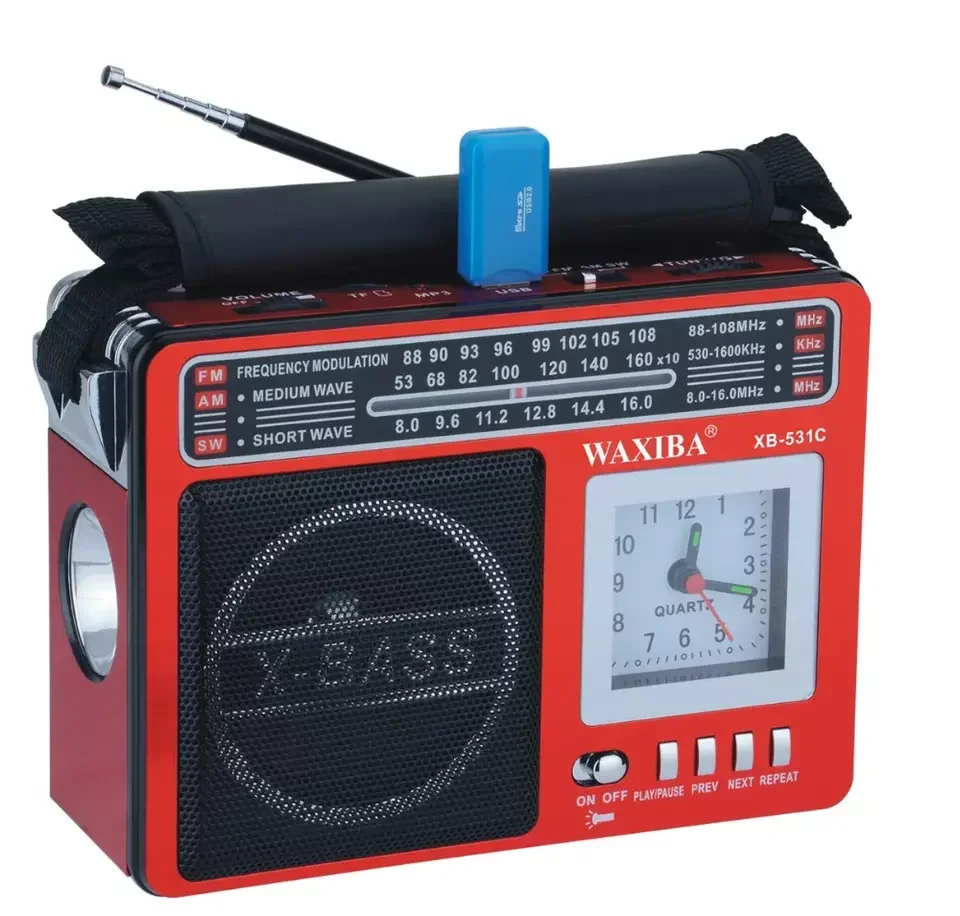 2025 Waxiba XB-531C X-bass Portable Medium Short Wave Quartz Clock Mp3 Player Flashlight Rechargeable Fm Am Sw 3 Band Radio With