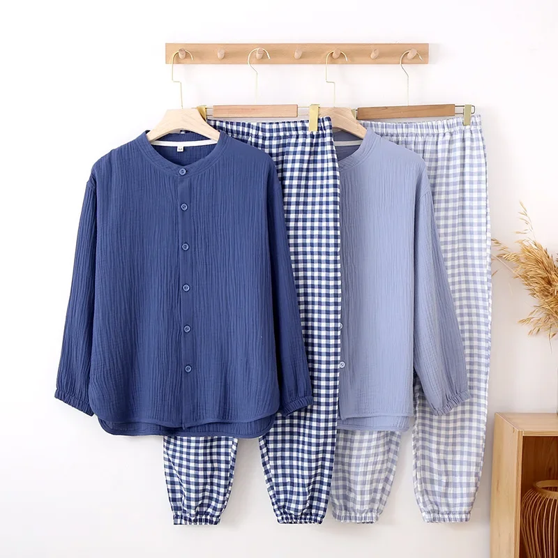 

Men's Pajamas Autumn and Winter Long Sleeved Pants 100% Cotton Simple Japanese Solid Color Home Service Suit Homewear