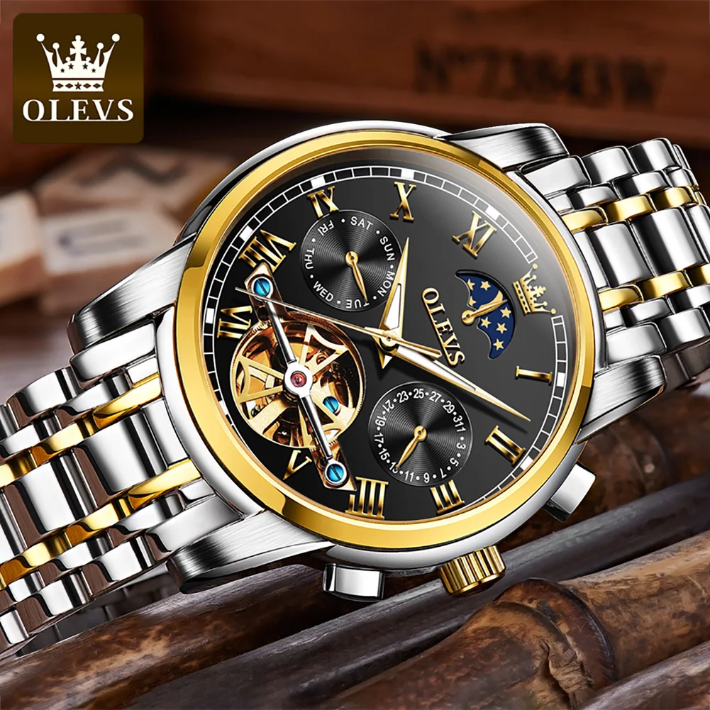 OLEVS 6617 Top Original Moon Phase Men\'s Watch Stainless Steel Luxury Brand Skeleton Tourbillon Automatic Mechanical Wristwatch