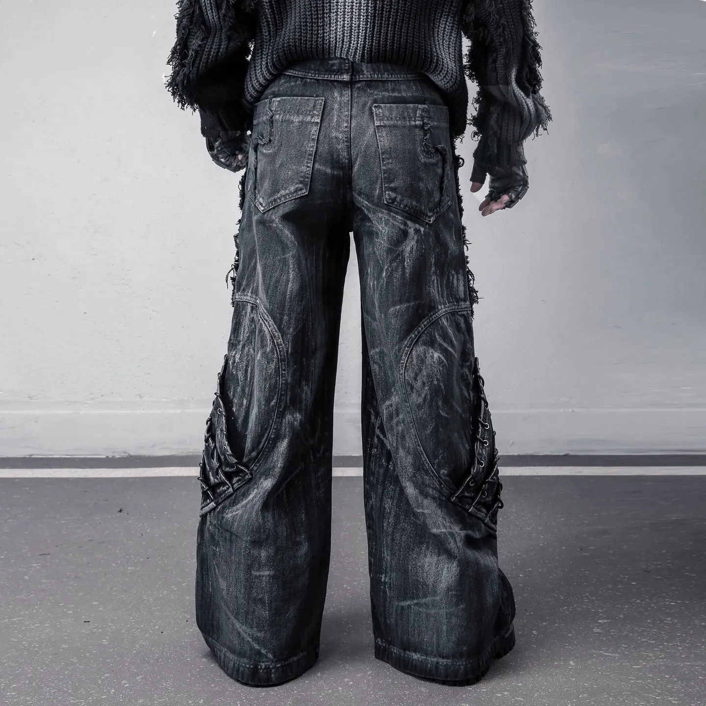 Wasteland Style American Heavy Industry Distressed Dirty Dyed Stitching Jeans Men's Deconstruction Design Black Wide-Leg Pants