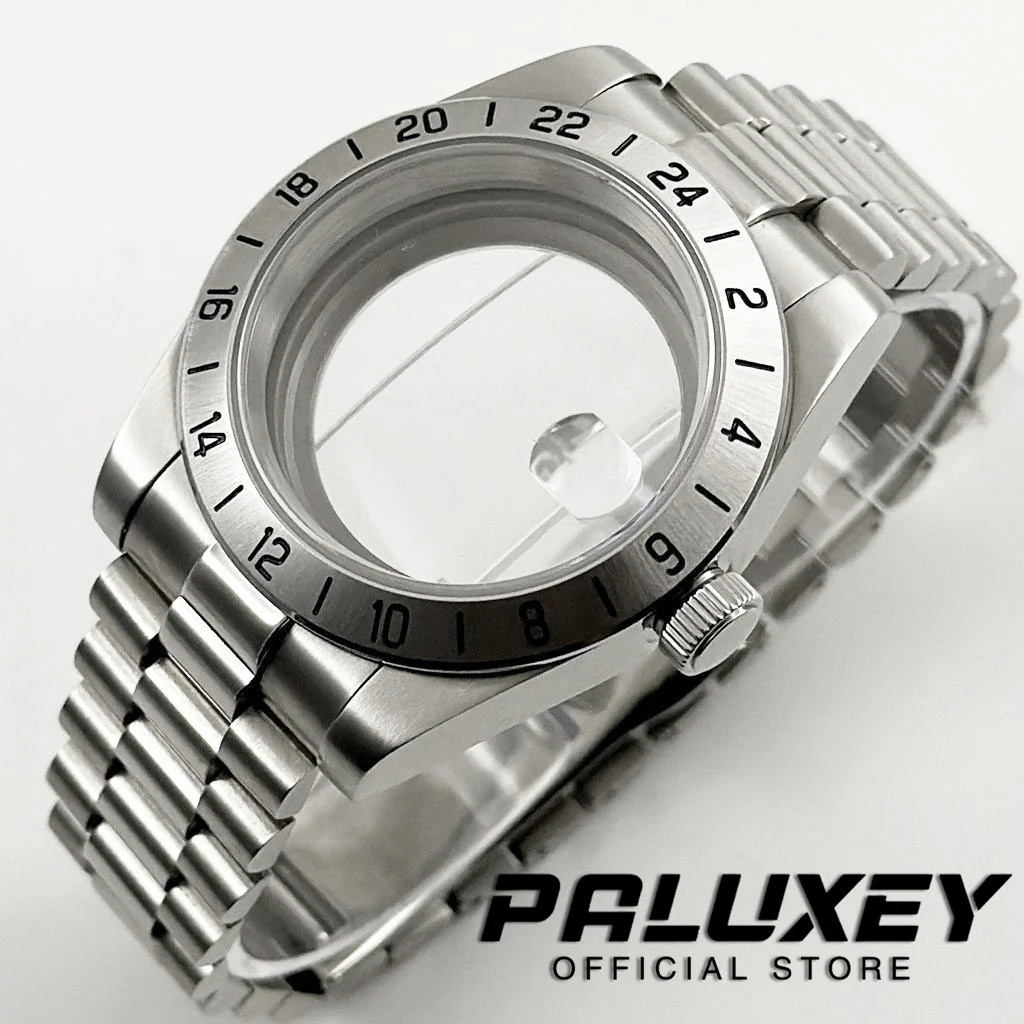 

39mm 24 Hour GMT Steel Bezel Presidential Bracelet Watch Case for NH34 NH35 NH36 ETA2824 Movement Sapphire Glass Explorer Watch