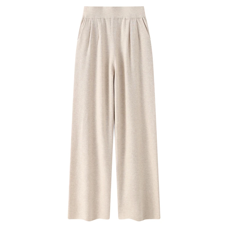 Women's Autumn Winter 100% Pure Wool Knitted Casual Trousers Extra Wide Loose High Waist Pants with Pocket Long Pants