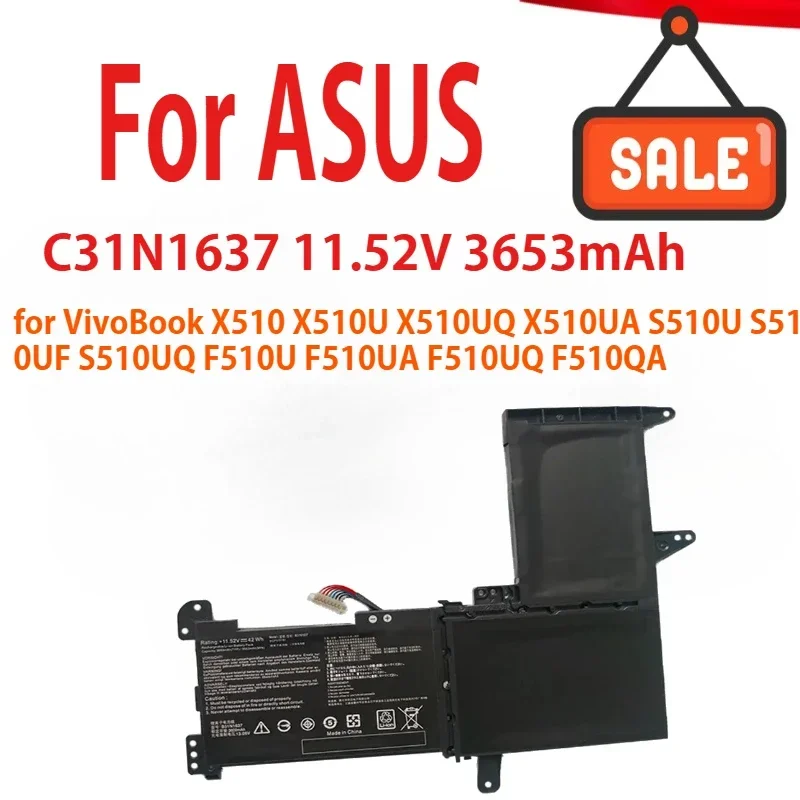 

11.52V 3653mAh C31N1637 Laptop Battery For ASUS VivoBook X510 X510U X510UQ X510UA S510U S510UF S510UQ F510U F510UA F510UQ F510QA