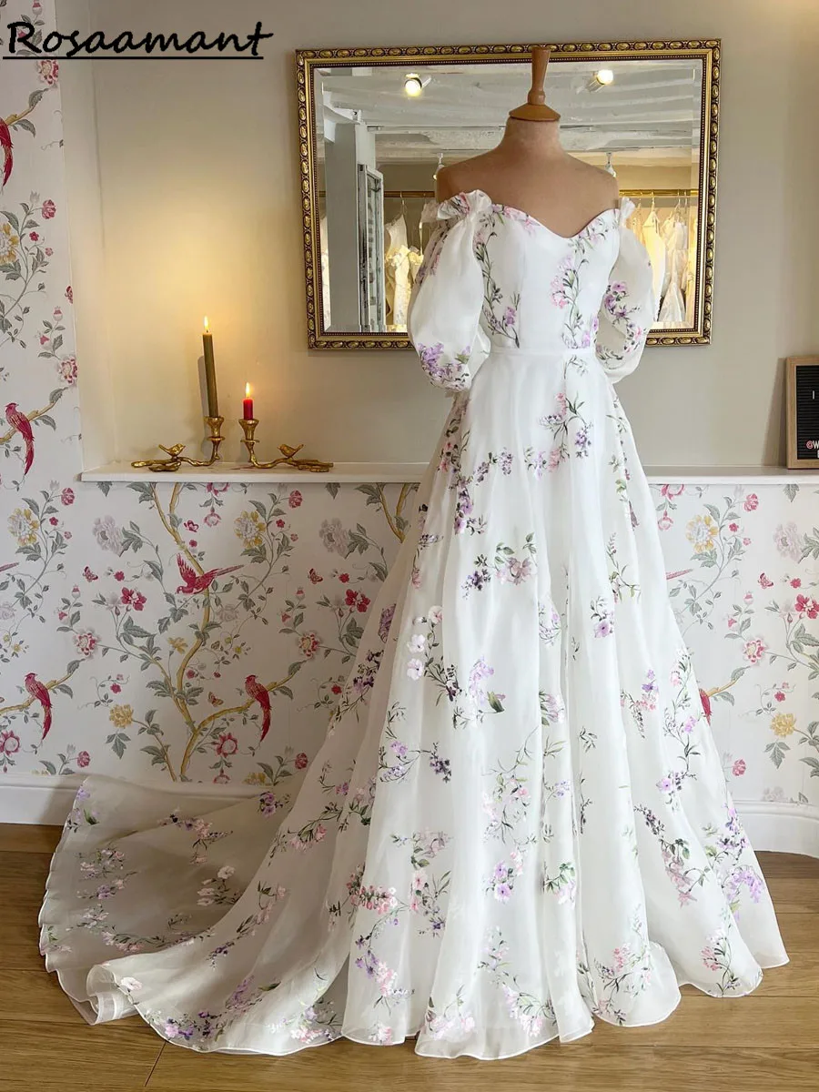 Vestidos de casamento estampados florais para mulheres, vestidos de noiva fora do ombro, vestido de noiva, trem de praia