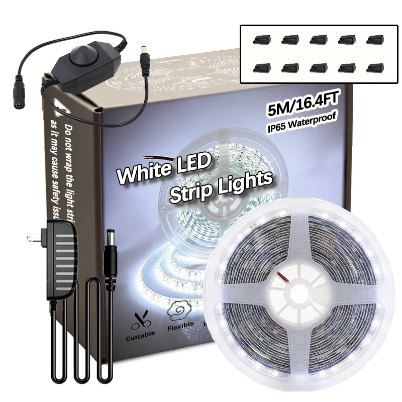 

12V White LED Strip Lights 16.4ft (5M) IP65 Waterproof Flexible Cuttable Dimmable LED Tape for Bedroom Kitchen Indoor