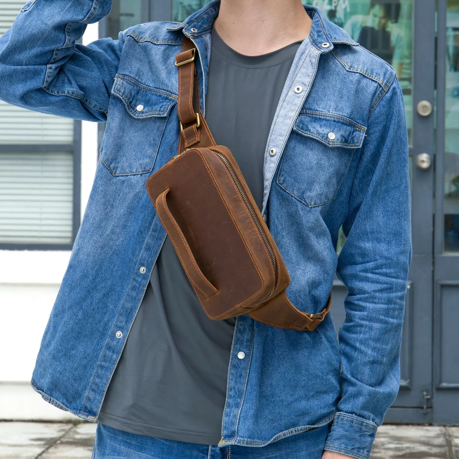 Vintage Men's Crazy Horse Leather Chest Bag Retro Crossbody Sling Shoulder Hand Carry Pouch for Casual Sport Travel