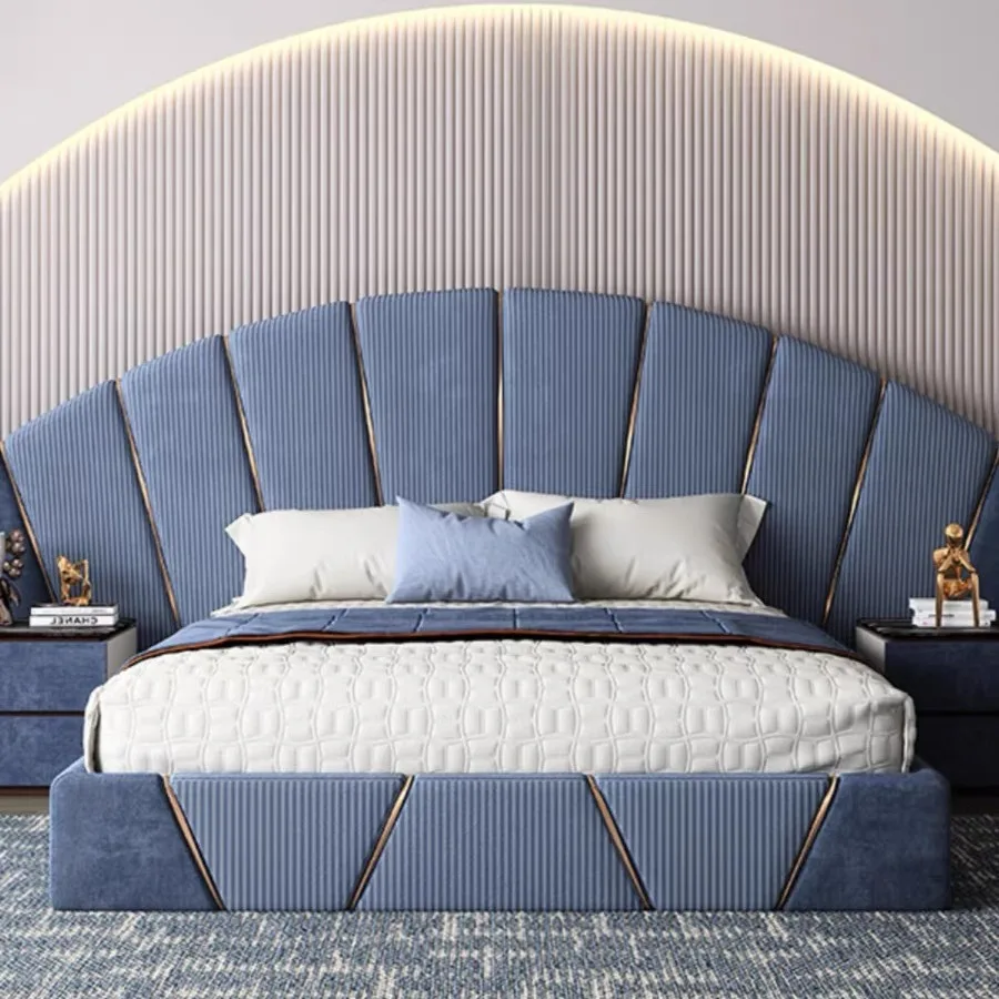 King bed with soft matte fabric, blue leather upholstered double bed, bedroom furniture