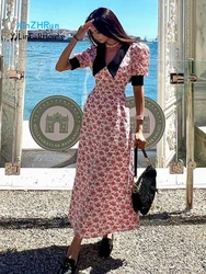 Vestido elegante con cuello de muñeca y mangas de princesa para mujer, vestido con cordones empalmados en contraste, cintura alta, corte ajustado, estampado de línea a, Verano