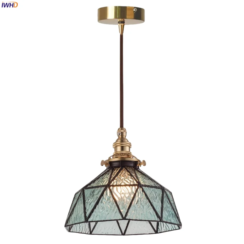 

IWHD American Vintage Glass LED Hanging Lamp Loft Cafe Bar Bedroom Restaurant Living Room Tiffany Style Brass Pendent Lights