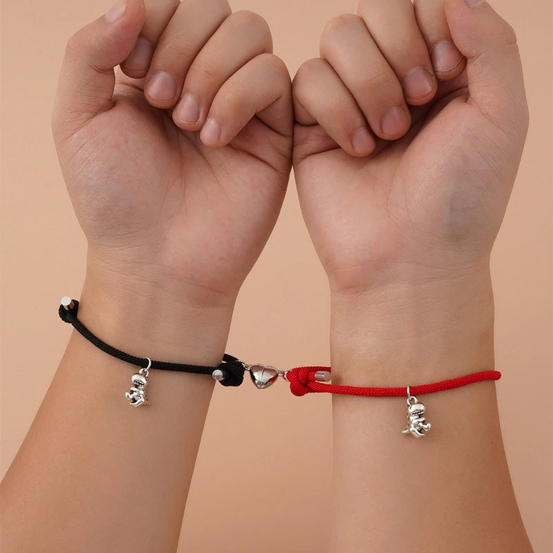 2pcs Magnetic Stainless Steel Dinosaur Pendant Heart Charm Couple Bracelets Lover Friend Men Women Braid Rope Bangle