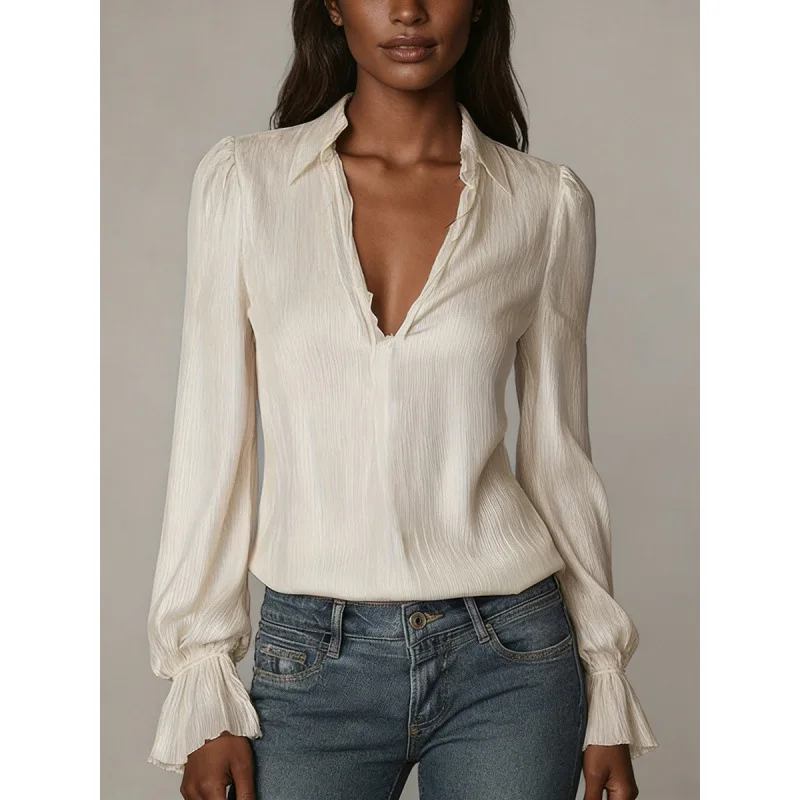 

2026 Spring New Womenswear Fashion Long Sleeve Top Pure Color Lapel Shirt Elegant Temperament Casual Commute