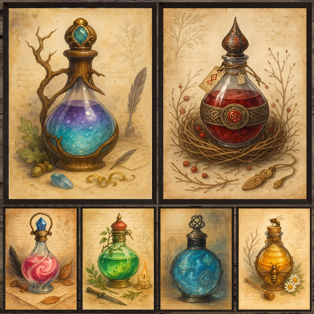 

Magical Potion Mystical Art Poster And Print,Witches Fantasy Witchcraft Potion Bottle Abstract Art Poster Print Home Decoration