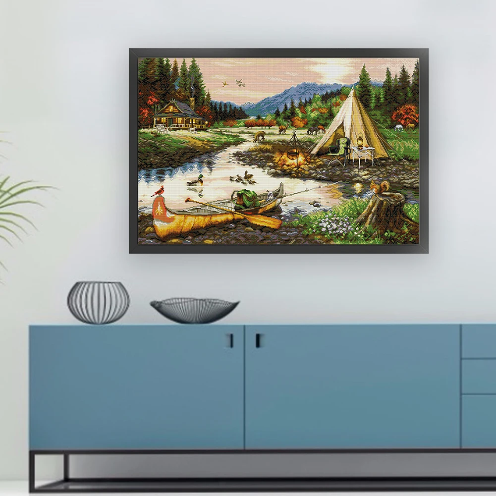 

Полная вышивка Эко-хлопковая нить 14CT Принт Озерная кабина Вышивка крестиком 64x50см