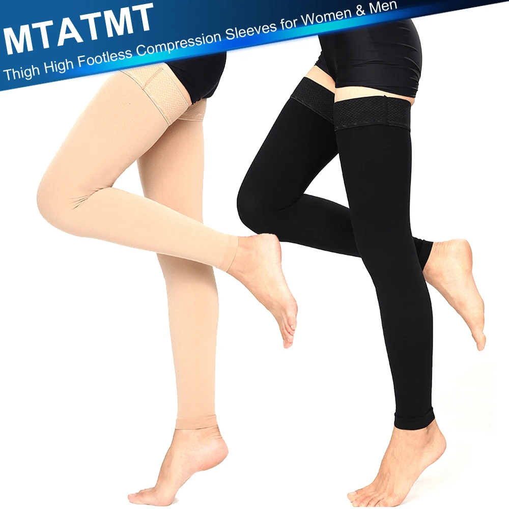 

MTATMT 1Pair Thigh High Footless Compression Sleeves with Silicone Band for Women & Men, Firm 20-30 mmHg Graduated Support