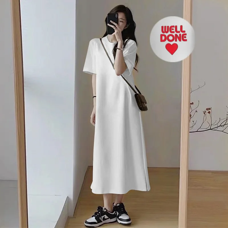 Korean Loose Long T Shirt Dress Women Well Done Heart Print Split Casual Summer Midi Dress