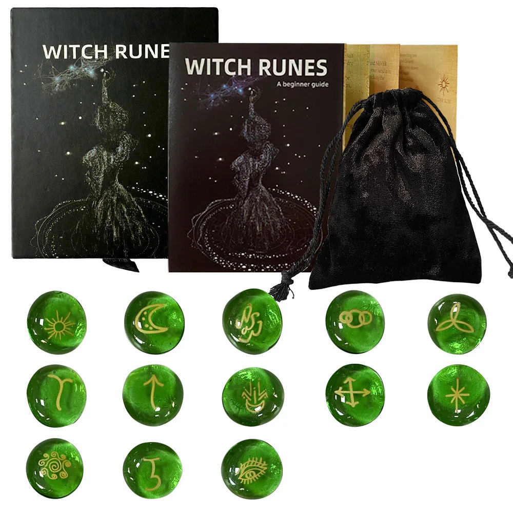 Witch Runes Glass Stones Set 13pcs Engraved Divination Symbols Pouch Pagan Altar Meditation Witchcraft Gift Kit for Beginners - view 6