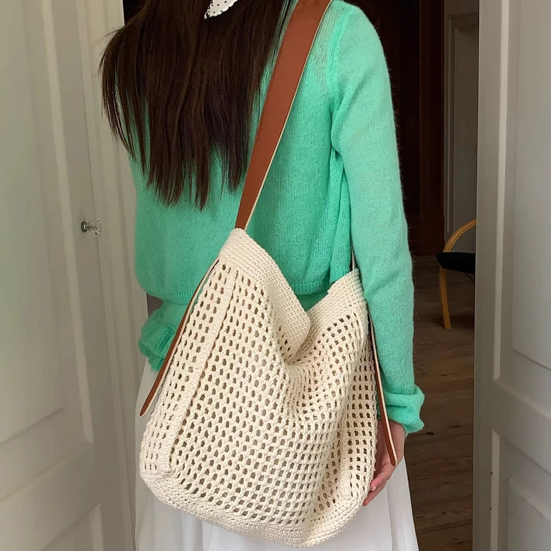 

Simple Hollow Woven Shoulder Bags for Women Large Capacity Ladies Seaside Vacation Beach Tote Bag Versatile Female Handbags