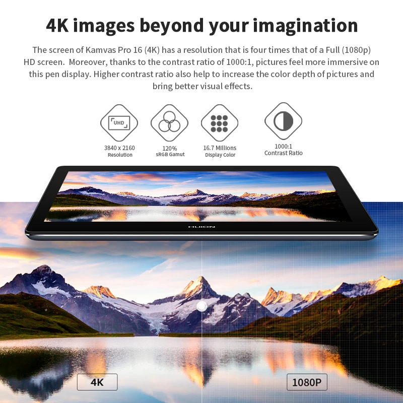 Brand New 15.6inch Kamvas Pro 16(4K) 8192 Levels Anti-glare Glass Full Lamination Graphic Tablet Monitor