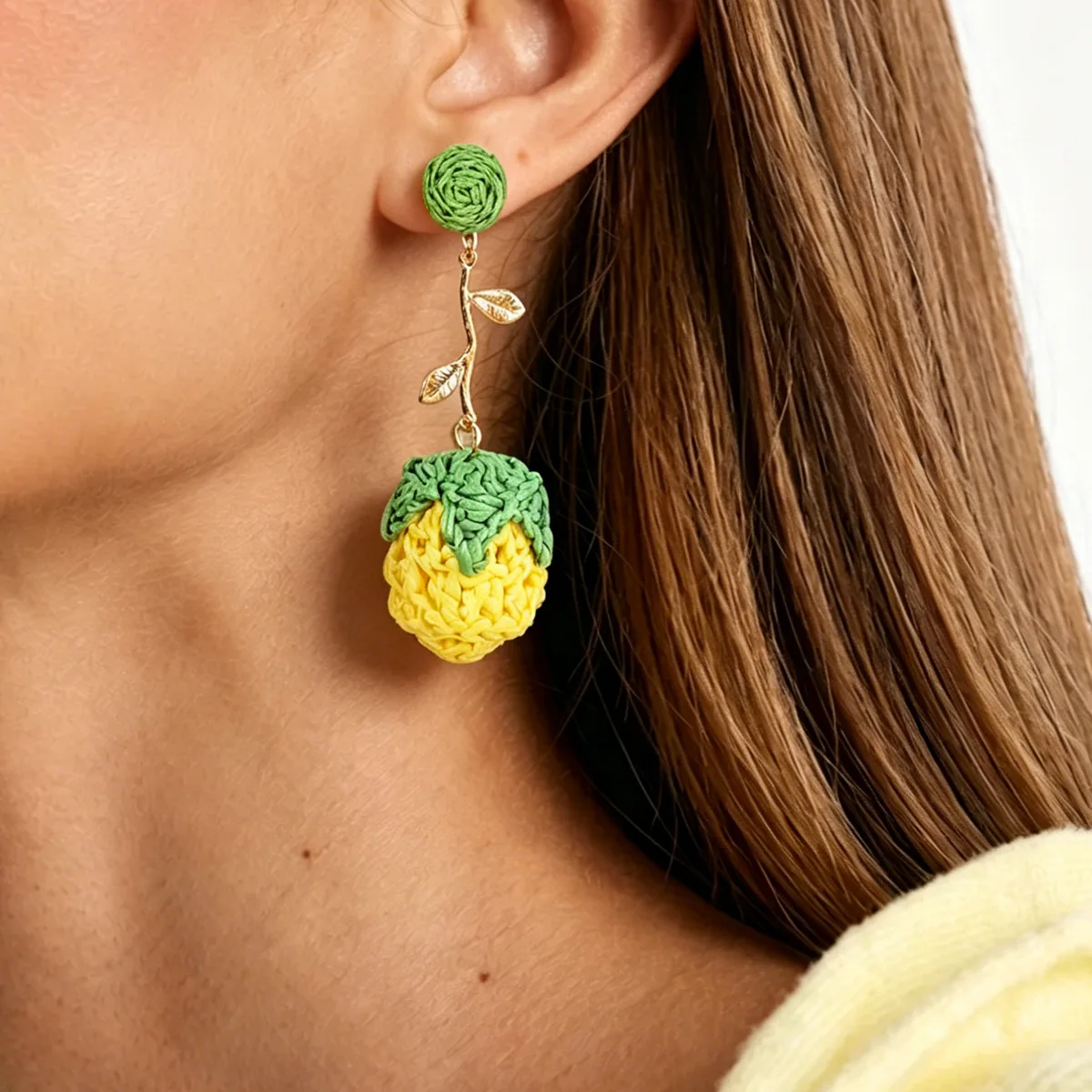 Handcrafted Yellow Green Pineapple Fruit Drop Earrings Delicate Gold Leaf Stem Tropical Summer Vacation Statement Jewelry