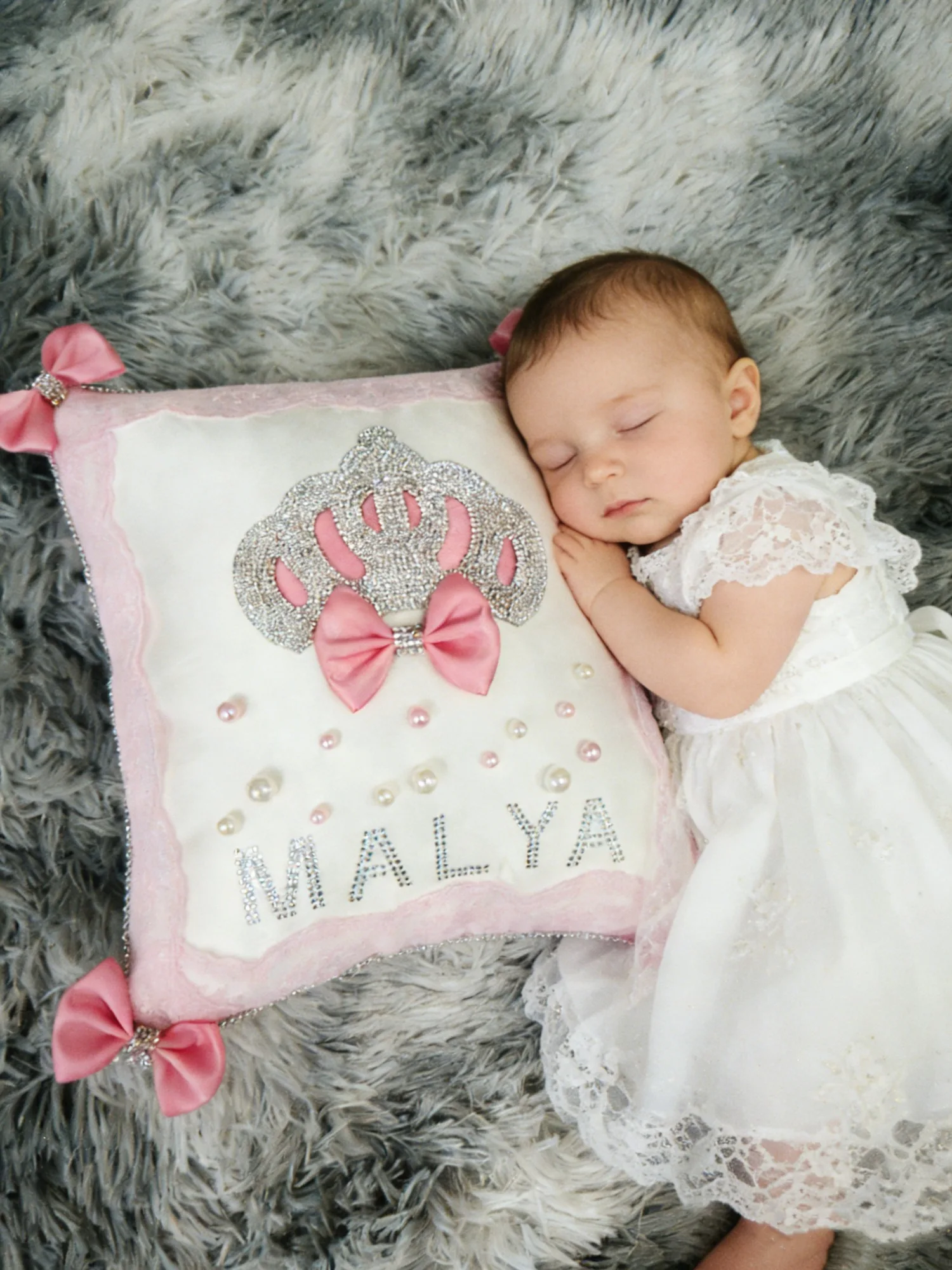 Princess Baby Girl Pink Crown Pillow - Rhinestone & Bows - Perfect for Baptism & Gifting