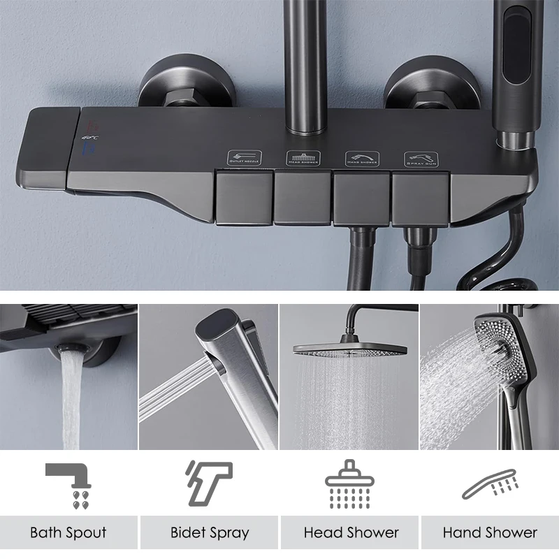 Modern Wall Mounted Rainfall Brass Complete Bath Shower System Mixer Set Bathroom Piano Shower Set