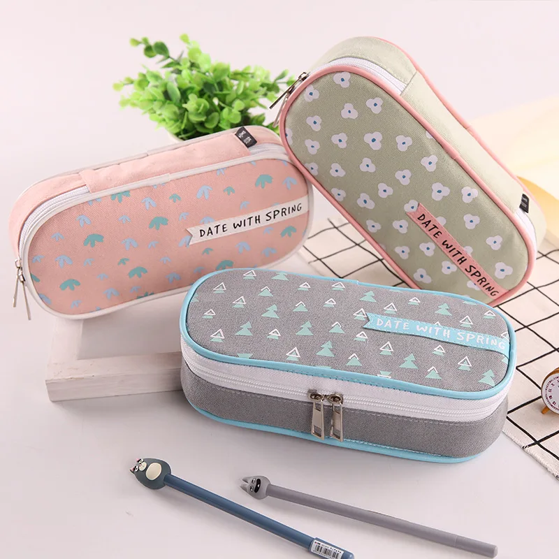 Date with Spring Pencil Case Large Capacity Zipper Pen Holder Bag Pink Flower Dots Japanese Stationery Ruler Eraser Pouch Organi