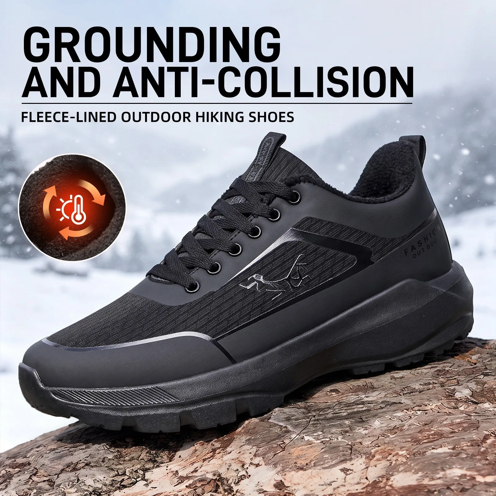 Winter Men's Cotton Shoes with Velvet Warm Mesh Splicing Outdoor Mountaineering Sport Black Lace up Style