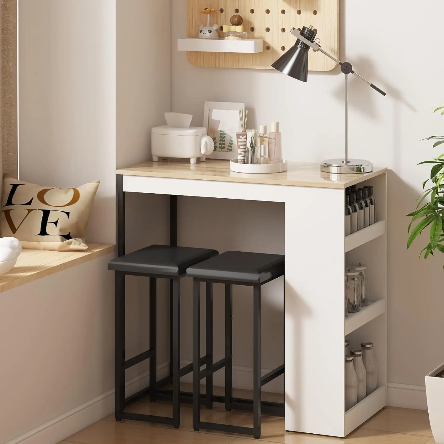 Dining Table Set - Kitchen Bar Table with Storage, Small Dining Desk with 2 Stools, Kitchen Island with Seating Counter Height