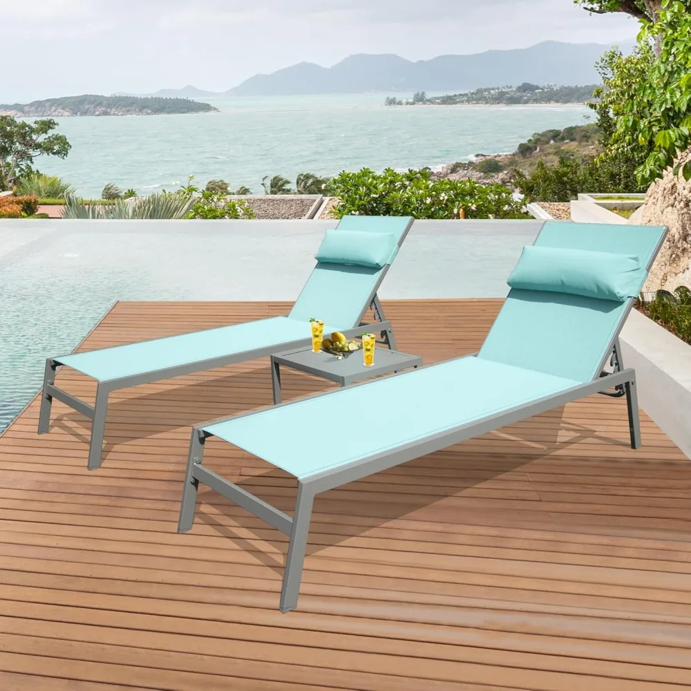 

Domi Patio Chaise Lounge Set of 3, Aluminum Pool Lounge Chairs with Side Table, Outdoor Adjustable Recliner All Weather for Pool