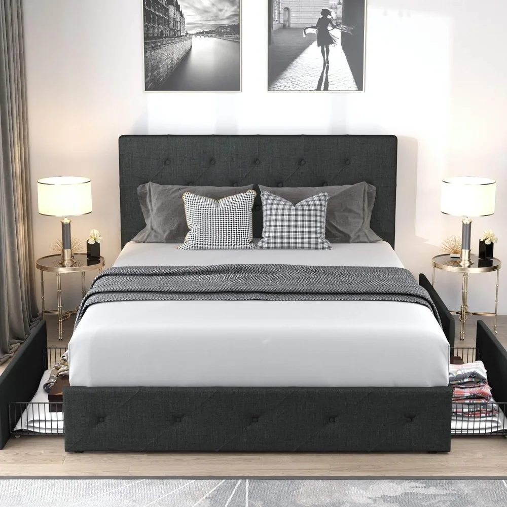 Upholstered full-size platform bed frame with 4 storage drawers and headboard with diamond-stitched button tufts