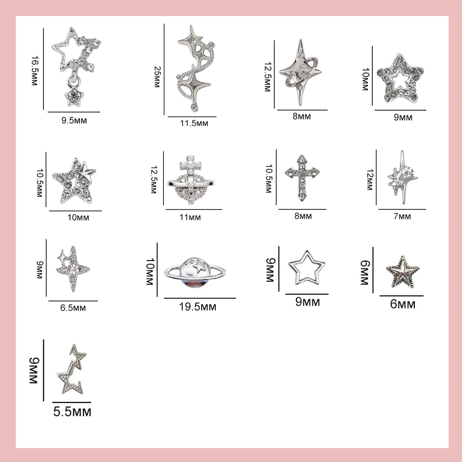 115+ Pcs Star Nail Charms Rhinestones Gems, Silver Star Planet Cross Nail Art Decorations Shiny Jewelry for Acrylic