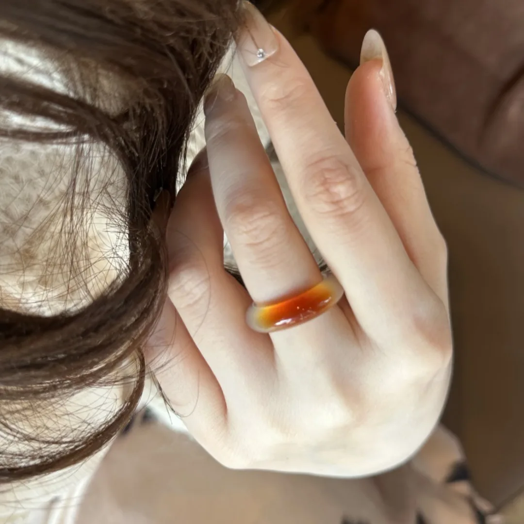 Natural Agate One-Bite Sugar Ring for Women Genuine High Ice Type Chalcedony Champagne Red Translucent Elegant Finger Jewelry