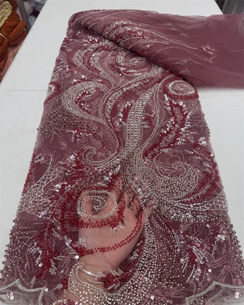 

2025 High Quality New Arrival African Handmade Beaded Lace Fabric Nigerian Sequins Lace Fabric Women Wedding Dress 5yards