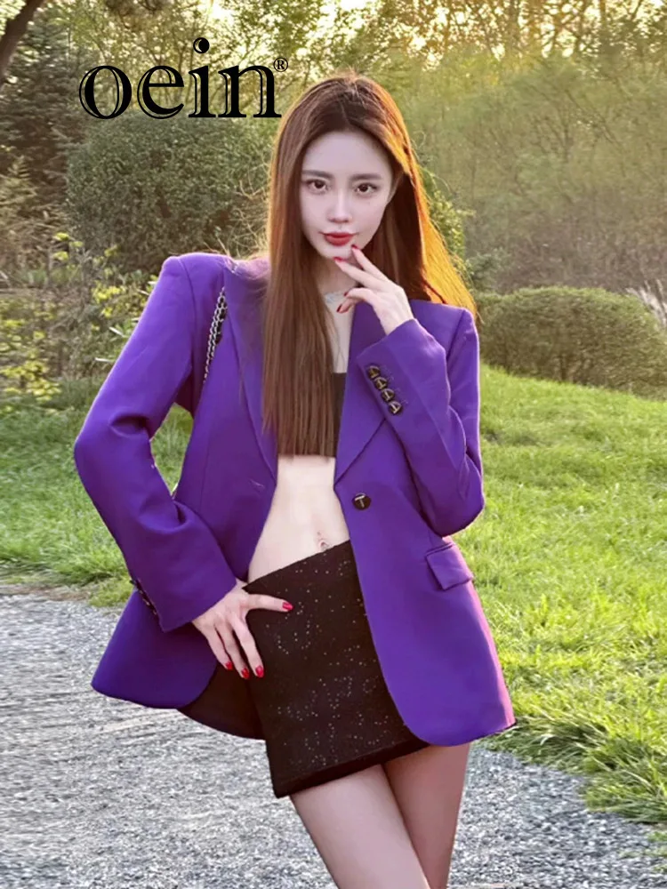 [oein] 2024 Autumn , High-end Temperament, Socialite Purple Explosive Street Suit Jacket, Spicy Girl For Women