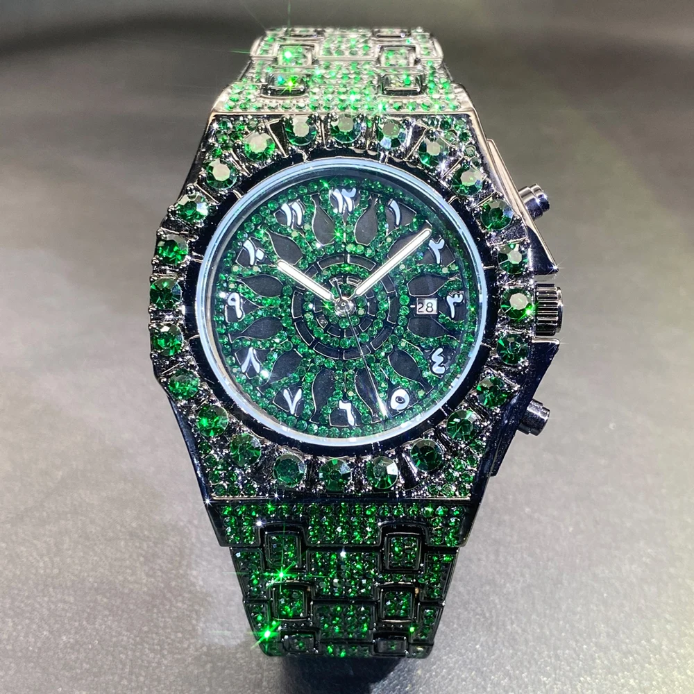 MISSFOX Hip Hop Wristwatch For Men Luxury Ice Out Full Diamond Watches Hip Hop Fashion Green Wterproof Week Display Clock 2024