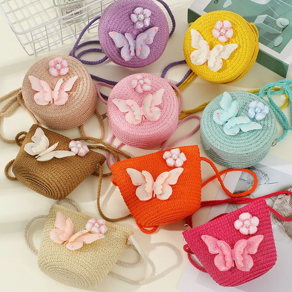 Cute Handmade Straw Bag Shell Shape Woven Shoulder Bag Butterfly Flower Crossbody Bag Children Girls