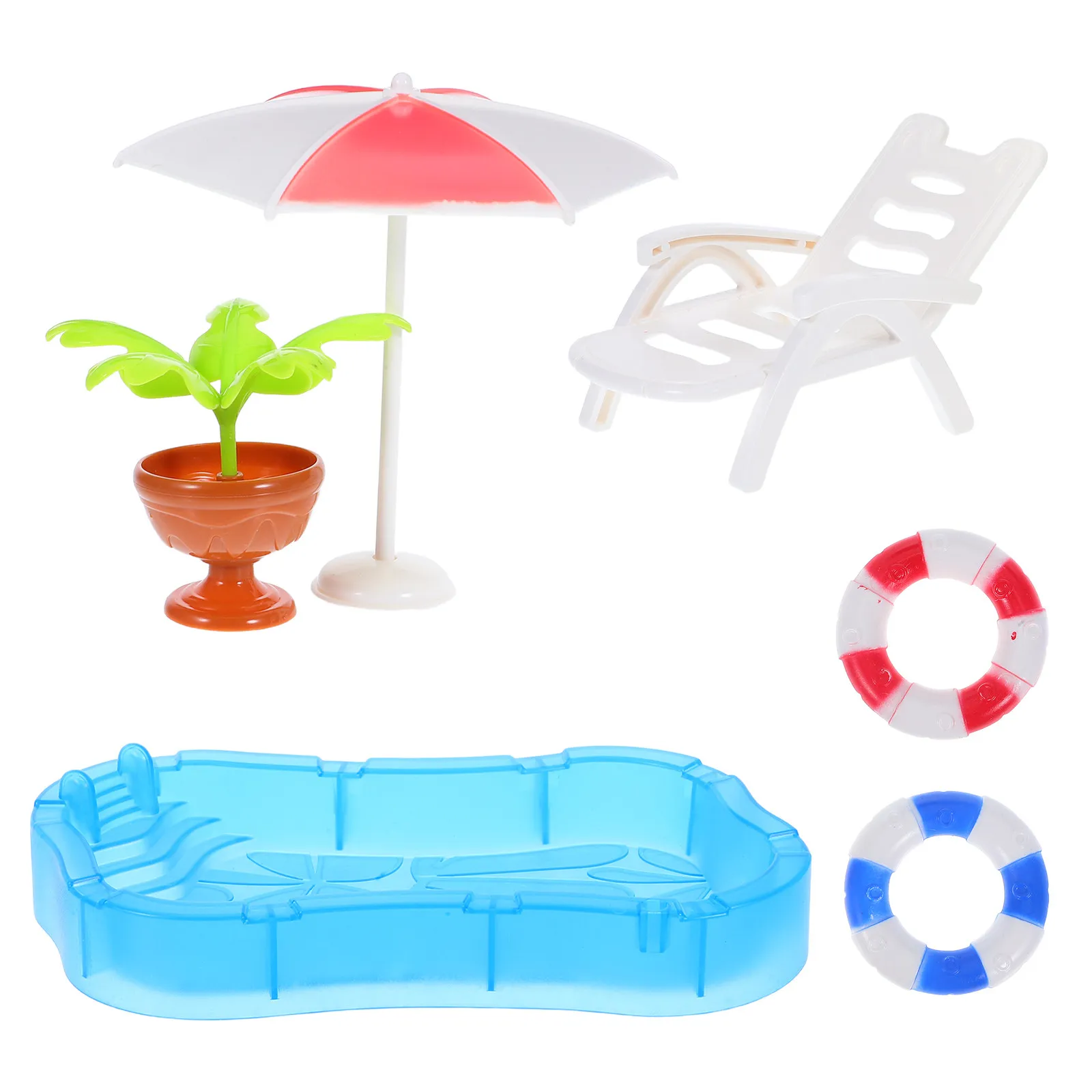 

1 set 1 Set Miniature Dollhouse Swimming Pool Set Beach Chairs Umbrellas Swim Rings Fairy Garden Decor Kids Play Scene Building