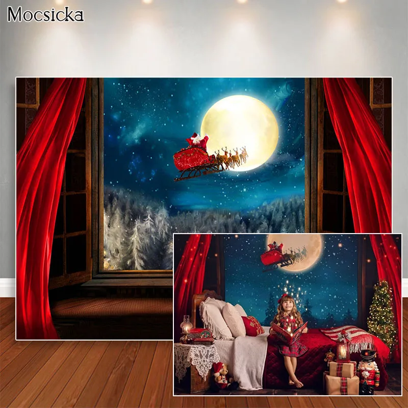 Latar Belakang Natal Musim Dingin Malam Santa Bulan Purnama Jendela Fotografi Latar Belakang Merah Tirai Potret Photobooth Foto Alat Peraga Studio