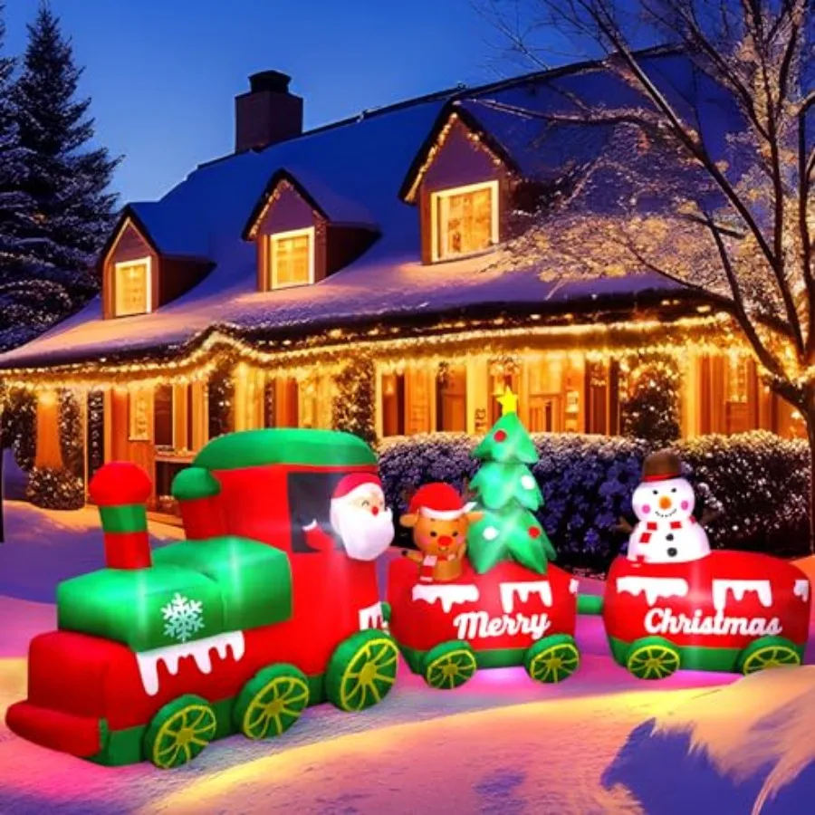 

Надувной рождественский поезд 10,7 футов с Санта-Клаусом, оленями, снеговиками, елками и встроенными светодиодными огнями. Надувное рождественское украшение.