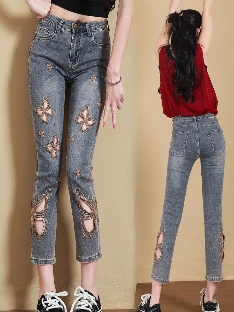 

Ladies' Summer 2026 Cut-Out Embroidered Denim Trousers Slimming Figure-Flattering Butterfly with Rhinestone Details Skinny Fit