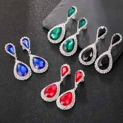 New Korean Green Water Drop Crystal Bridal Clip Earrings for Women Trendy Rhinestone Dangle Earring Girl Party Fashion Jewelry