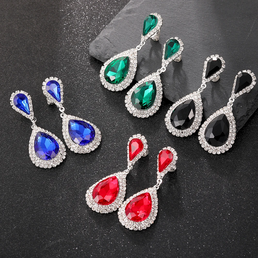 New Korean Green Water Drop Crystal Bridal Clip Earrings for Women Trendy Rhinestone Dangle Earring Girl Party Fashion Jewelry