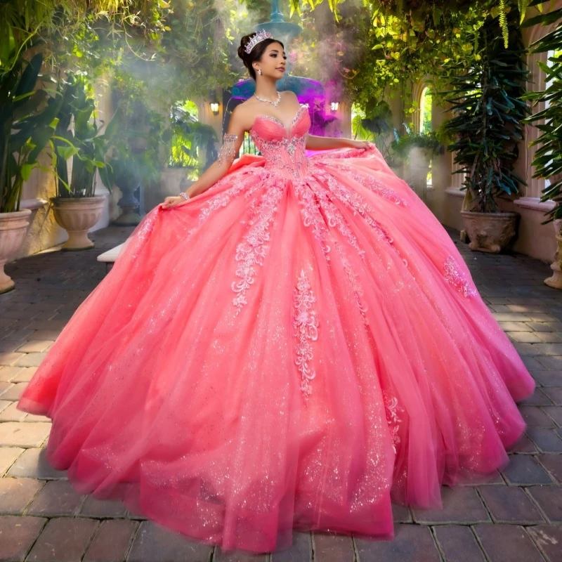 

Pink Shiny Quinceanera Dresses Off The Shoulder Applique Lace Beads Bow Tull Corset Party Birthday Sweet 16 Dress Vestidos 15
