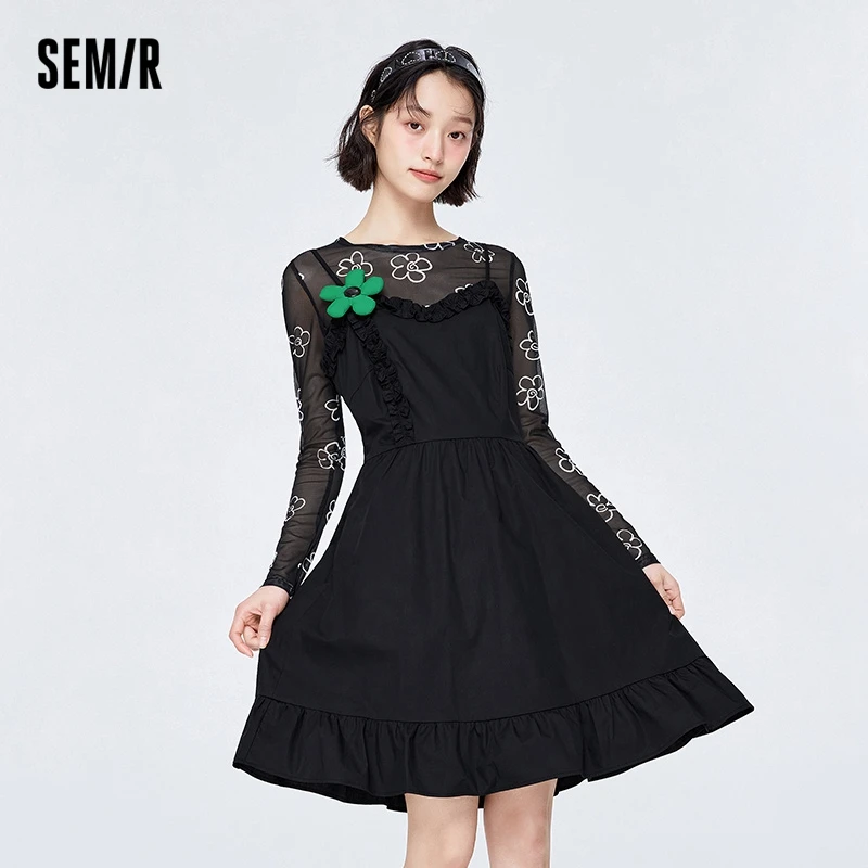 

Semir Dress Women Mesh Flower Long Sleeve T-Shirt Sling Dress 2024 Summer New Vintage Two Piece Set Playful