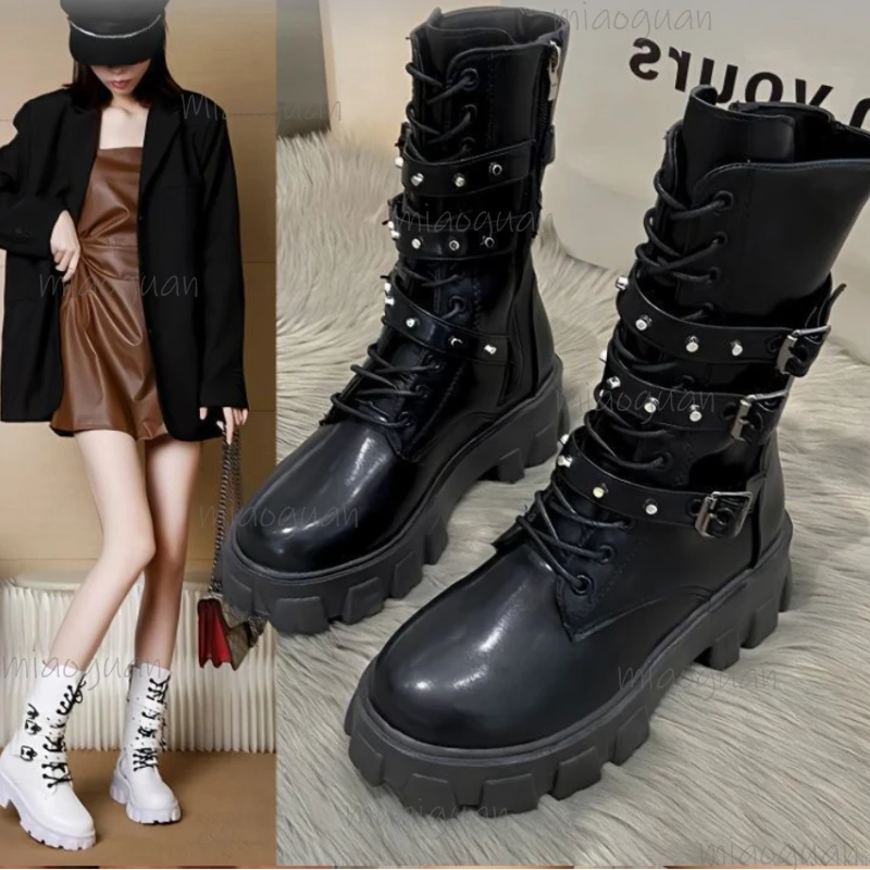 New Style Thick Sole Height-Increasing Motorcycle Boots for Women Women's Autumn Punk Belt Buckle Plus Size Platform Knight Bota