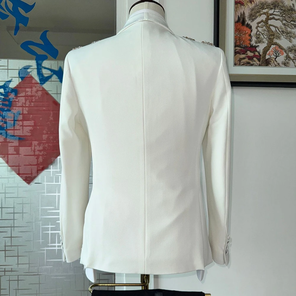 Handmade Men's Suit For Wedding Luxury Crystals Beading Jacket Pants 2 Piece Sets Plus Size Shawl Lapel Single Breasted Tuxedo