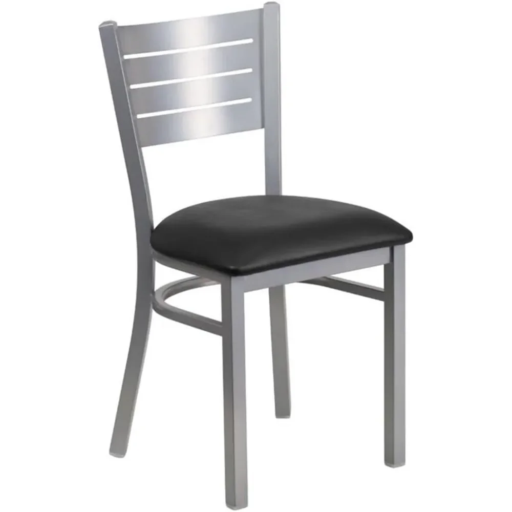 HERCULES Series Silver Slat Back Metal Restaurant Chair - Black Vinyl Seat