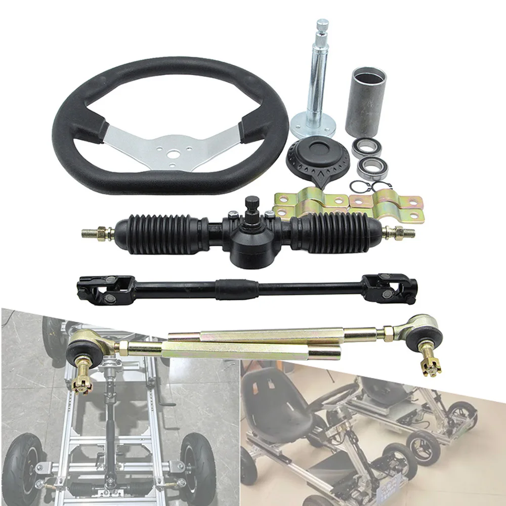 

DIY 110cc Go Kart 270mm Front Steering Wheel Assembly 320/420mm Gear Rack Pinion Scalable Adjustment U joints Shaft Tie Rod Kit