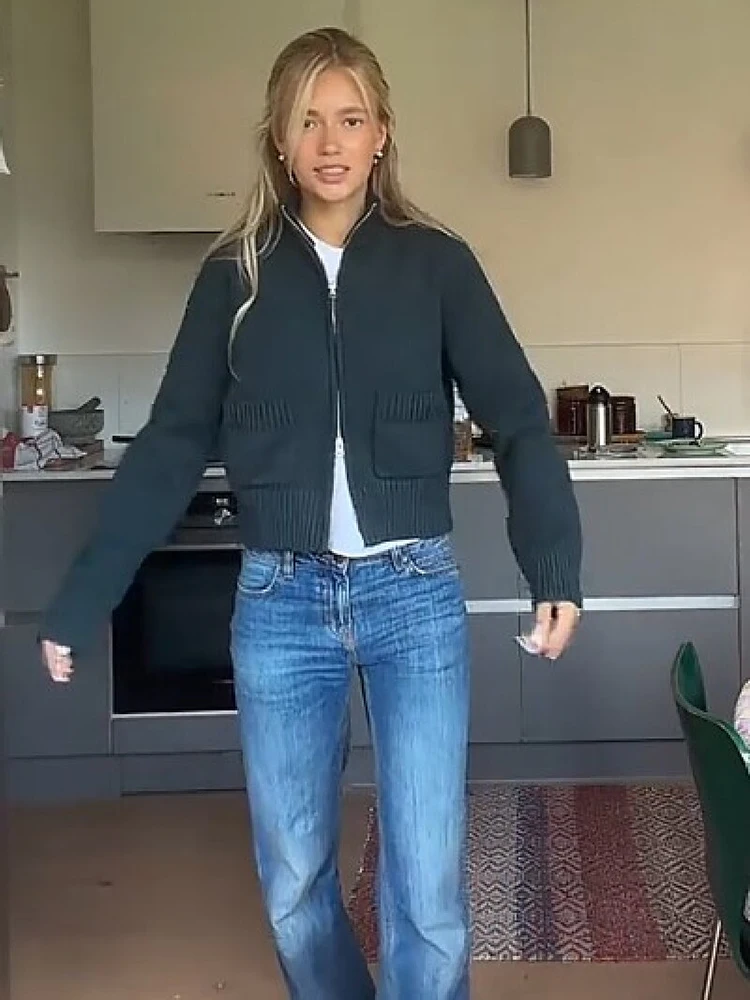 Einfacher Strick-Cardigan mit Stehkragen für Damen, Doppelreißverschluss, Taschen, gerippte Manschetten, schmale Jacke, lässiger Alltags-Streetwear-Pullover für Herbst und Winter. – Detail 2