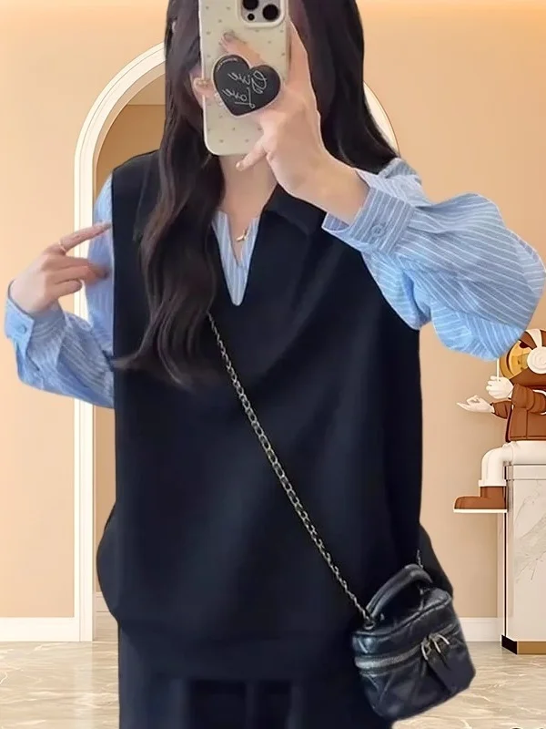 

Trendy Splice Spring Autumn Women's Sweatirt Slimming Fake Two-Piece Top Comfortable Knitted Long Sve V-Ne Street Sle